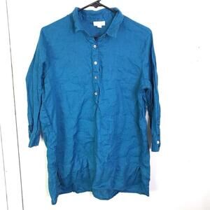 J Jill Shirt Womens M Love Linen Tunic Longline Button Front Royal Blue Light